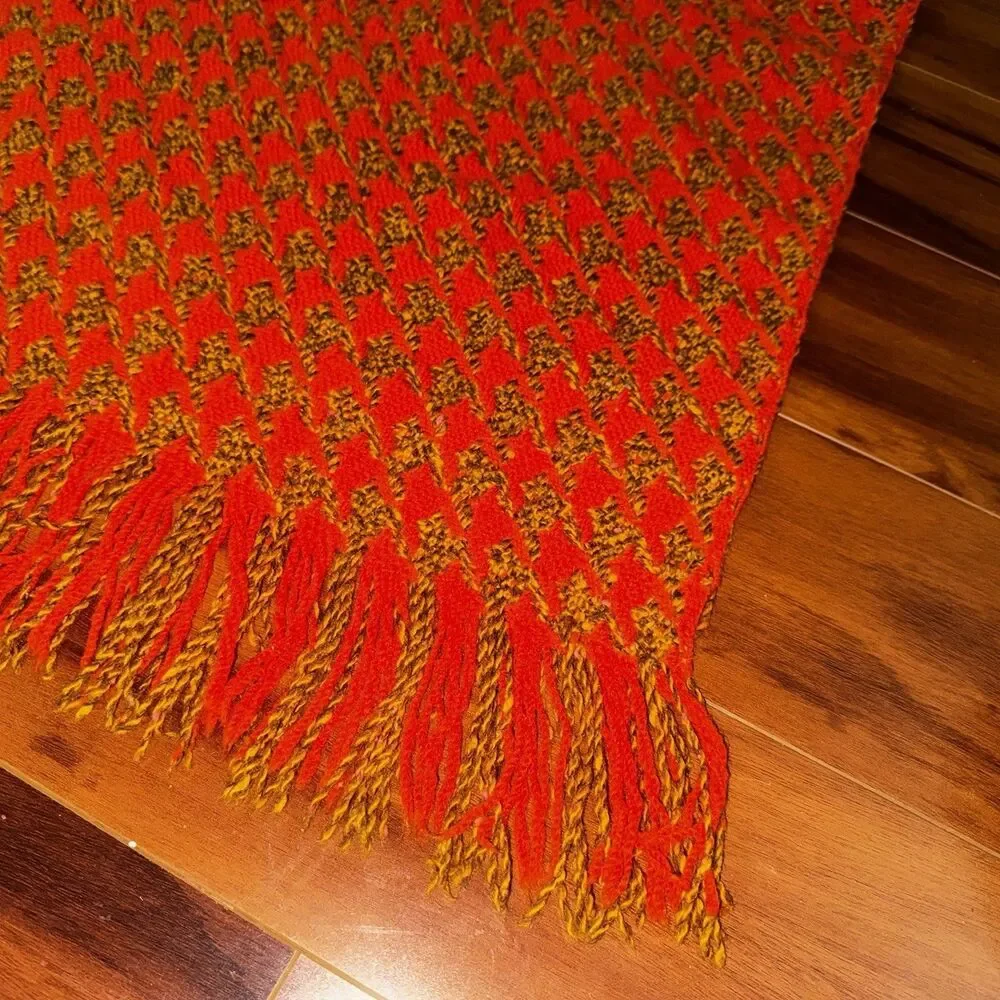 Vintage 60s 70s Pendleton Wool Houndstooth Fringed Throw Blanket Orange 53 x 62